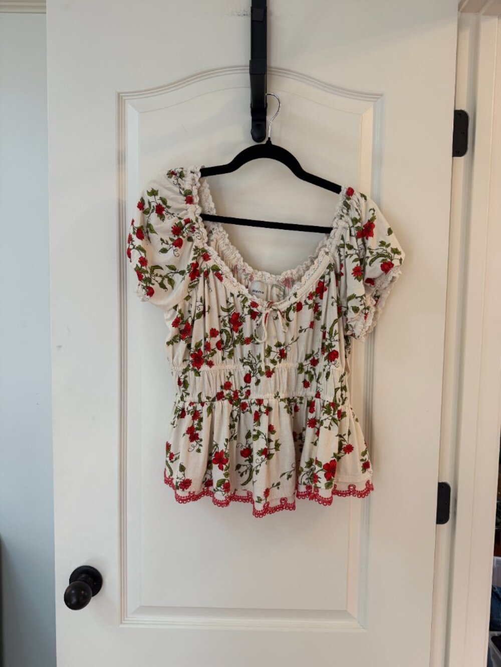 Anthropologie White Floral Peasant Blouse with Red Print - Picture 3 of 9